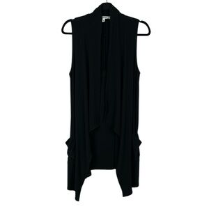 Sympli Classic Elegant Longline Pockets Open Front Drape Vest Size 8 Black